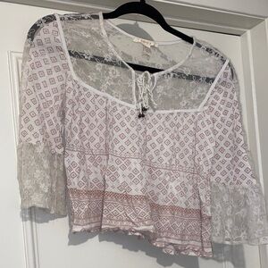Free People White Top with Dusty Rose Geometric Print and Lace Yoke